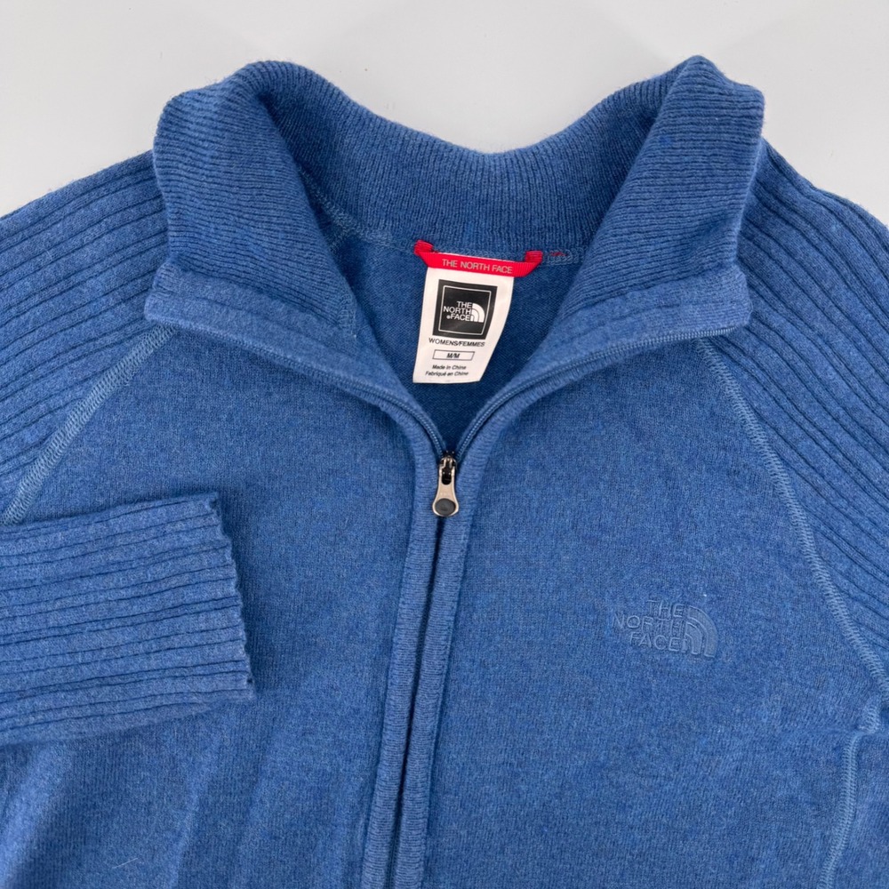 The North Face Zip Up Sweater Womens Medium Blue Wool Blend Ribbed Mock Neck